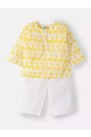 THE BABY LABEL Pyjamas - Unisex Kids Yellow & White Hand-Block Giraffe Print Pure Cotton Kurta with Pyjamas