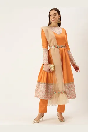 Ethnovog Women Orange Off-White Self Design Kurta with Trousers Dupatta