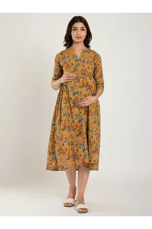 CRAFIQA Women Mustard Yellow Floral Maternity & Nursing Pure Cotton Midi Dress