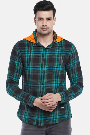 PEOPLE Men Green Slim Fit Tartan Checked Hooded Pure Cotton Casual Shirt