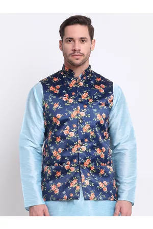 Kraft Men Blue & Orange Floral Printed Satin Nehru Jacket