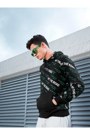 LocoMotive Men Black Printed Hooded Sweatshirt