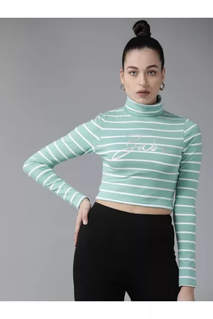 KASSUALLY Women Sea Green & White High Neck Pure Cotton Regular Crop Top