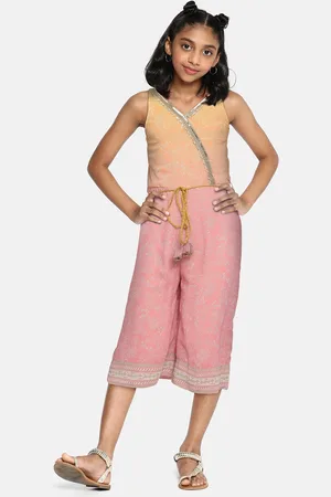 Global Desi Girls Pink & Orange Polyester Shoulder Straps Playsuit with Embellished Detail