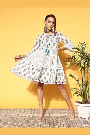 Ishin Women White Floral Desi Girl Dress