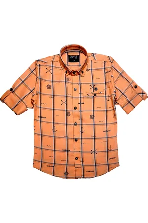 CAVIO Boys Peach-Coloured Premium Windowpane Checks Checked Casual Shirt