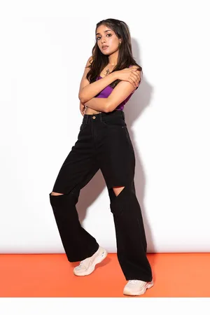 FREAKINS Women Black Wide Leg High-Rise Slash Knee Jeans