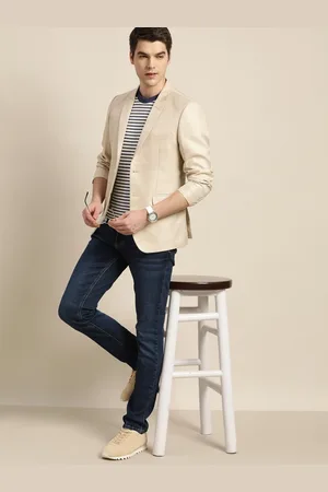 Invictus Men Beige & White Self-Design Slim Fit Smart Casual Blazer