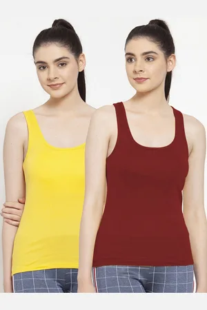 Friskers Women Pack Of 2 Yellow & Maroon Solid Tank Tops