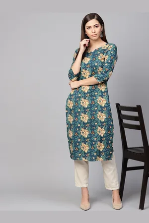 anayna Women Blue & Beige Floral Printed Straight Kurta