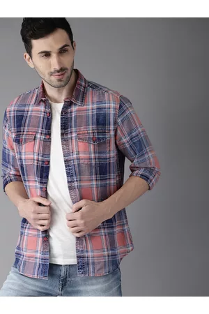 Moda Rapido Men Pink & Navy Blue Slim Fit Checked Casual Shirt