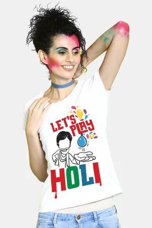 BonOrganik Women White Lets Play Holi Printed T-shirt