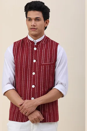 Fabindia Men Maroon Woven Design Cotton Nehru Jackets