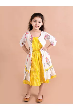 pspeaches Girls Yellow Striped Cotton Midi Dress With Printed Shrug