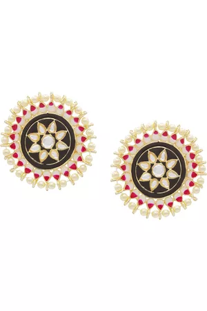 Asmitta Jewellery Black & Red-Toned Gold-Plated Kundan Circular Studs Earrings