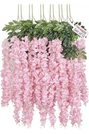 Tied Ribbons Set Of 12 Pink & Green Artificial Hanging Wisteria Flower-Strings
