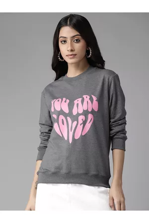KASSUALLY Women Grey Melange Printed Sweatshirt