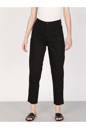 Ether Women Black Mom Tapered Fit High-Rise Clean Look Cropped Stretchable Jeans