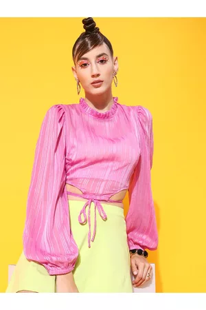 STREET 9 Women Pink Bishop Sleeves Polyester Crop Top