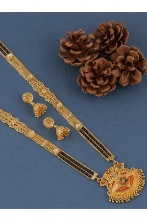 Brandsoon Gold-Plated & Black Beaded Mangalsutra With Earring Set