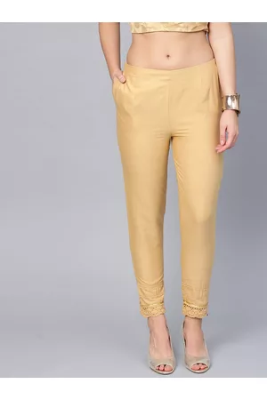 Juniper Gold Solid Cotton Flex Slim Fit Women Pants With One Pocket