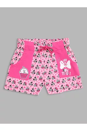 Blue Giraffe Girls Peach-Coloured Floral Printed Minnie Mouse Shorts