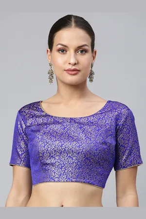 flaher Women Blue & Gold Ethnic Motifs Jacquard Woven Design Blouse with Tie-Ups