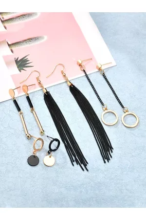 Yellow Chimes Woman Set of 4 Gold Plated Black Chain Long Dangler Earrings