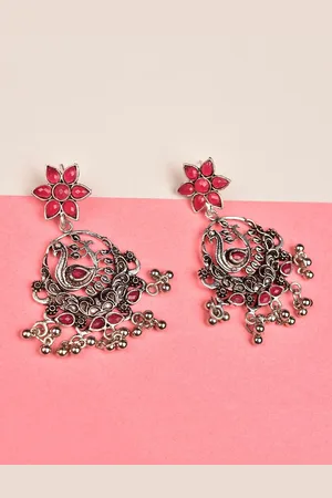 Indi INSIDE Silver Plated & Pink Oxidised Peacock Shaped Drop Earrings