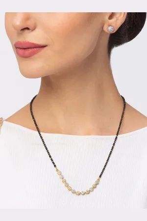 Digital Dress Room Gold-Plated Black Beaded White Stone-studded Mangalsutra with Earrings