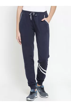 Boston Club Women Navy Blue Solid Pure Cotton Joggers