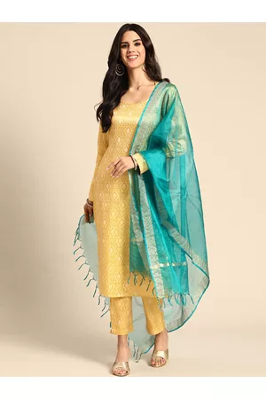 anayna Women Yellow & Teal Blue Woven Design Kurta with Trousers & Dupatta