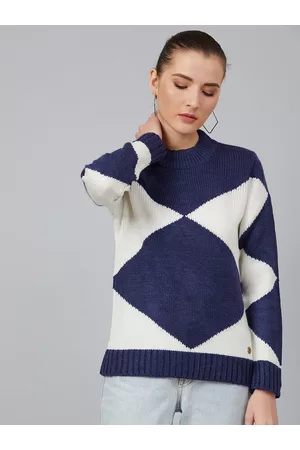 Cayman Women Navy Blue & White Printed Pullover Sweater