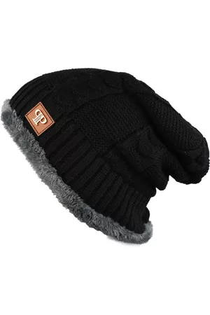 iSWEVEN Unisex Black Self-Design Woven Expandable Beanie