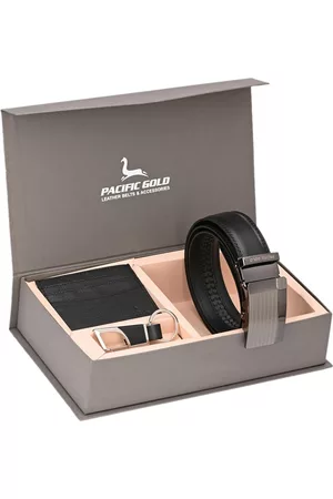 Pacific Men Black & Silver-Toned Genuine Leather Accessory Gift Set
