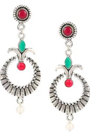DESI COLOUR Silver-Toned Circular Drop Earrings