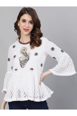 Ishin White & Brown Floral Embroidered Bell Sleeves Pure Cotton A-Line Top