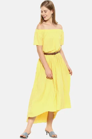 Campus Yellow Striped Off-Shoulder Net Midi Dress