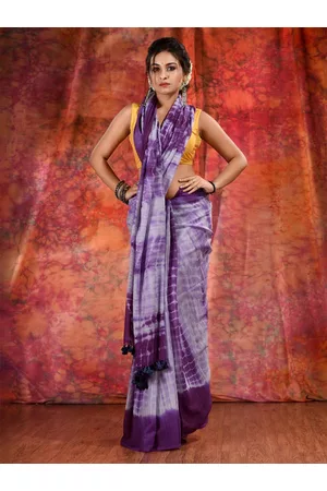 Charukriti Women Violet & White Tie and Dye Pure Cotton Saree