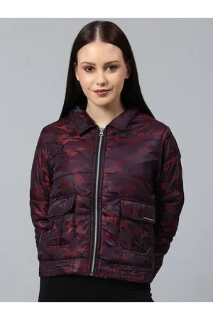 Campus Women Maroon Camouflage Windcheater Outdoor Puffer Jacket