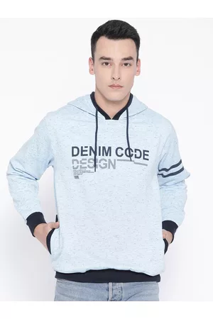Duke Men Blue Printed Hooded Sweatshirt