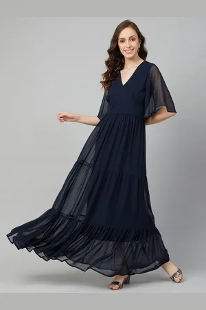 Rare Fashion Women Navy Blue Solid Tiered Maxi Dress
