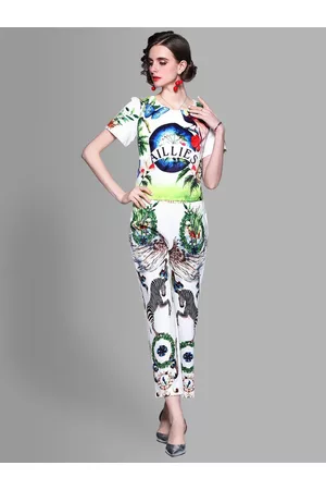 JC Collection Women White & Green Printed T-shirt with Trousers Co-Ords Set