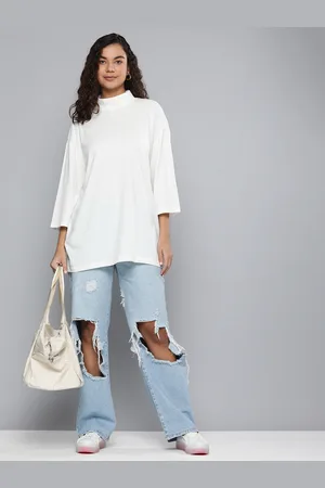 HERE&NOW Women Off White High Neck Pure Cotton Longline T-shirt