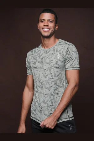 Campus Men Olive Green Geometric Printed Tropical Dri-FIT Running T-shirt