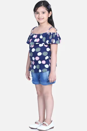 StyleStone Girls Navy Blue & White Printed Top with Shorts