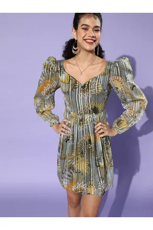KASSUALLY Women Alluring Grey Floral Trapeze Dress