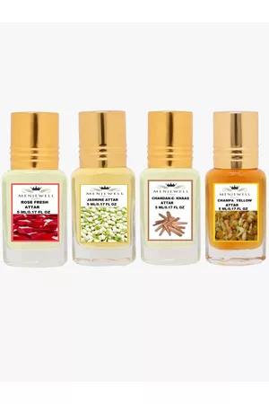 Menjewell Set of 4 Attar - Rose Fresh - Jasmine - Chandan-E-Khaas - Champa Yellow