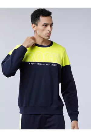 LocoMotive Men Fluorescent Green & Navy Blue Colourblocked Sweatshirt