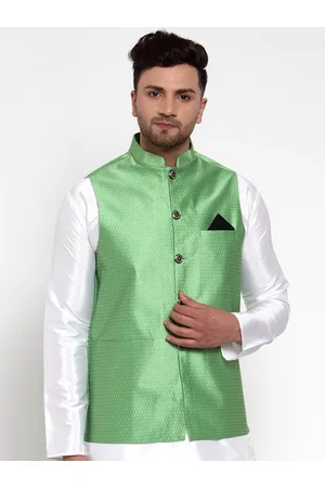Jompers Men Green Woven Design Nehru Jacket